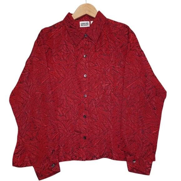 Chico’s Design Red Burnout Leaf Blouse Women’s L – Vintage 90s Semi Sheer Button - Picture 1 of 7